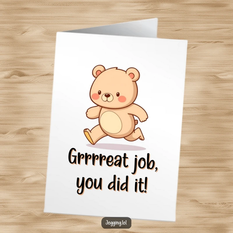 Free Printable congratulations card: A diligent bear runs with a steady, happy gait, celebrating your success.