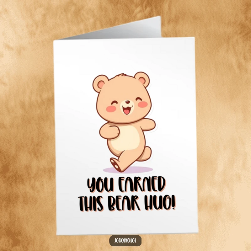 Funny Free Printable Congratulations Card showing a cheerful bear jogging energetically, celebrating a big achievement.