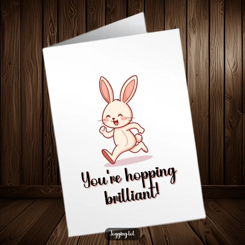 Funny Free Printable Congratulations Card: Joyful bunny character hopping while jogging, perfect for celebrating achievements.