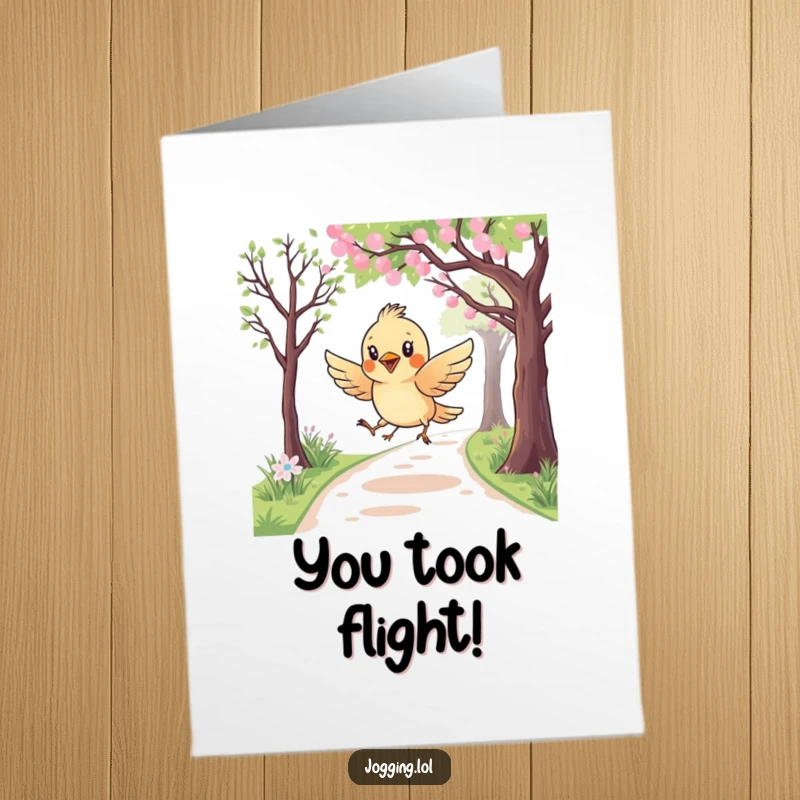 Funny Free Printable Congratulations Card featuring a bird playfully swooping over a path, celebrating a triumphant achievement.