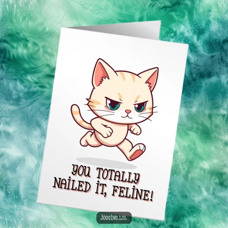 Funny Free Printable Congratulations Card with a determined cat jogging with focused eyes, celebrating a goal.