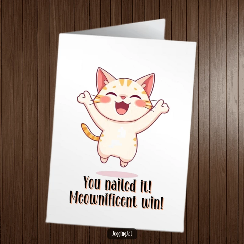 Funny Free Printable Congratulations Card: A delighted cat leaps forward with infectious joyous energy, celebrating a successful achievement.