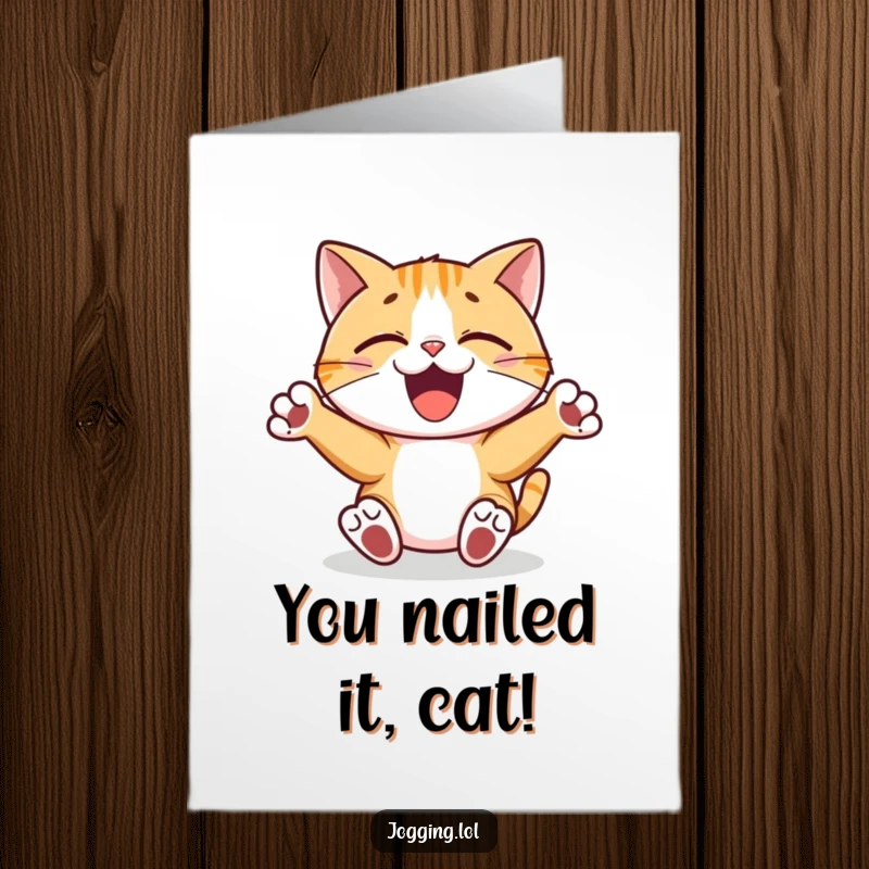 Funny Free Printable Congrats Card: Joyful cat character pumping paws rhythmically, celebrating a fantastic achievement.