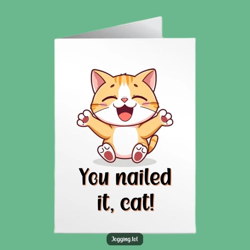 Free Printable Congrats Card: Pumping Cat, Funny Downloadable Message of Triumph