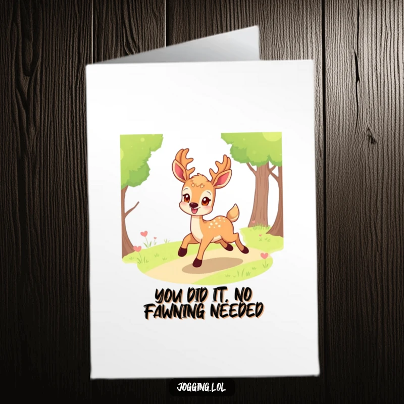 Funny Free Printable Congratulations Card: A smiling deer eagerly bounding along a path, celebrating success.