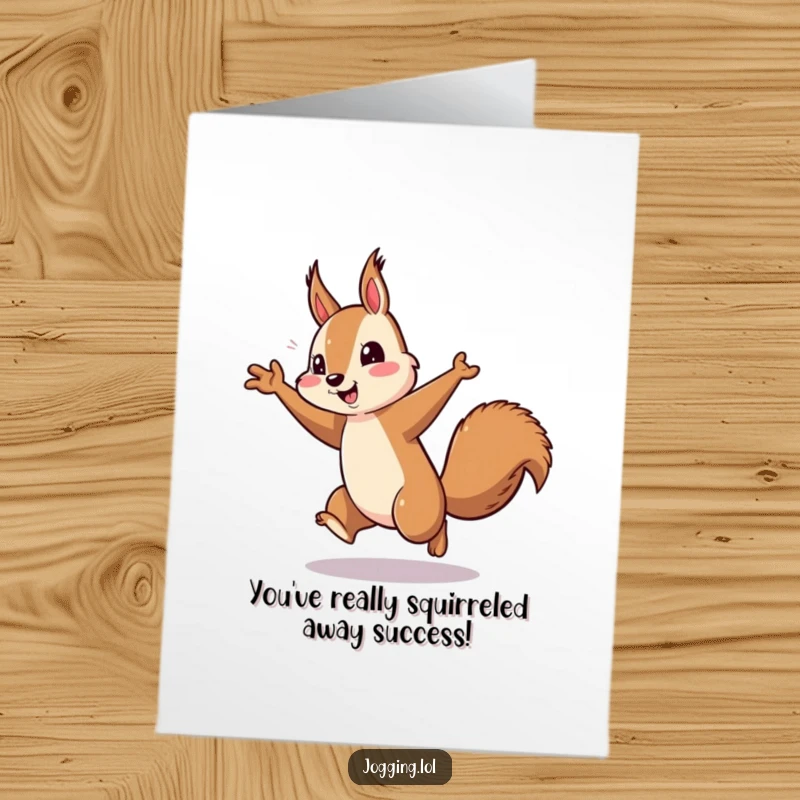 Funny Free Printable Congrats Card: A playful squirrel pumping its arms with all its might while running fast.