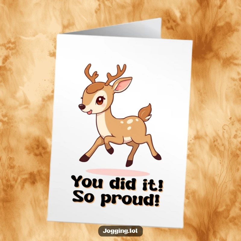 Free Printable congratulations card: A smiling deer bounds with determined rhythm, celebrating your big win humorously.