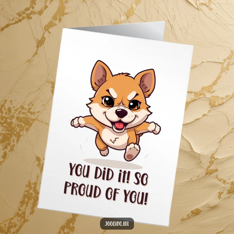 Funny Free Printable Congratulations Card showing a determined dog running fast, celebrating success with a funny, focused look.