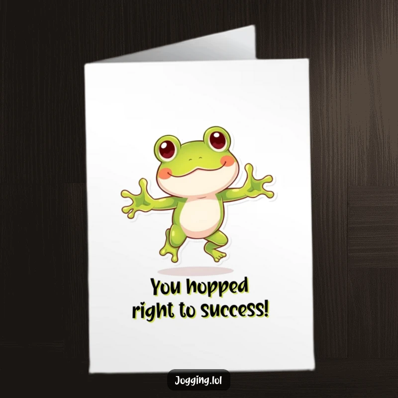 Funny Free Printable Congratulations Card of a playful frog hopping with great enthusiasm, celebrating a fantastic achievement.