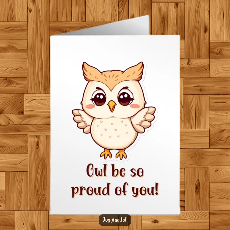 Funny Free Printable Congrats Card: A happy owl flaps its wings, celebrating success with wise enthusiasm.