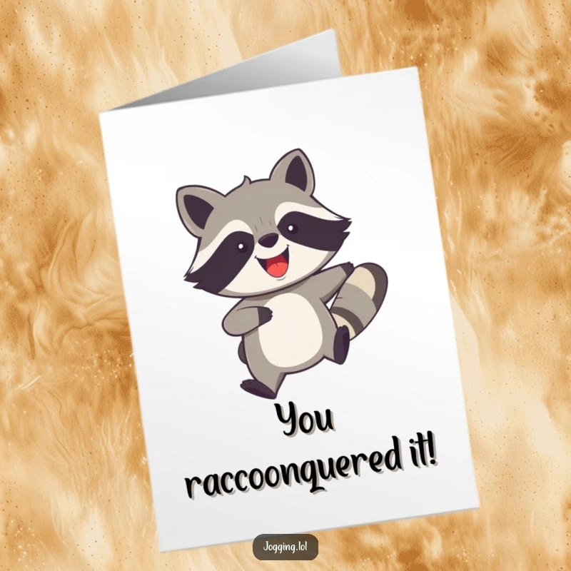 Free Printable congratulations card: A joyful raccoon is moving quickly with legs churning, celebrating your success.