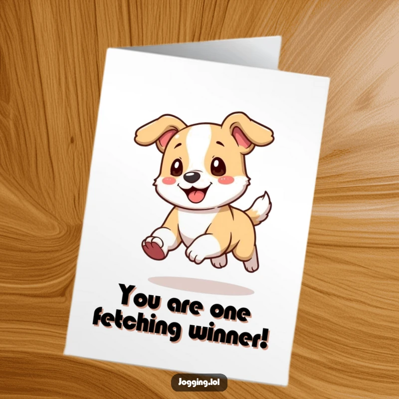 Funny Free Printable Congratulations Card with a playful dog running and its ears flopping happily, celebrating success.