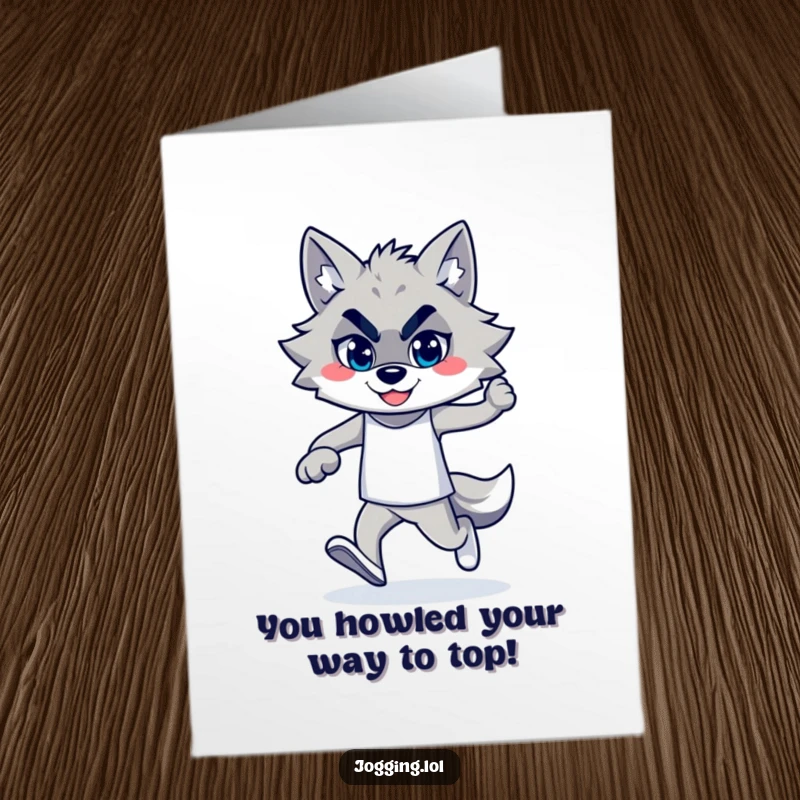 Funny Free Printable Wolf Congratulations Card showing a proud wolf jogger smiling confidently after a run.