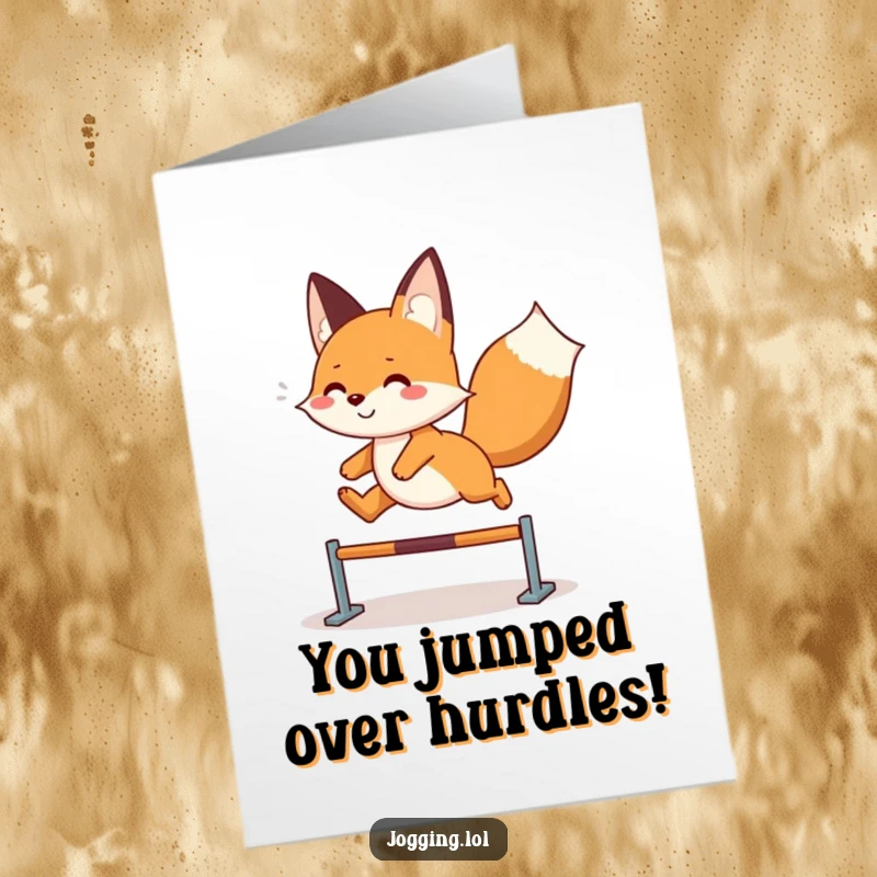Funny Free Printable Congratulations Card: A playful fox character joyfully leaping over an obstacle with glee.