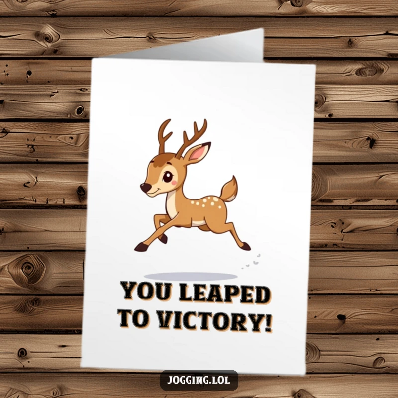 Funny Free Printable Deer Congratulations Card showing a deer jogger gracefully leaping, celebrating success.