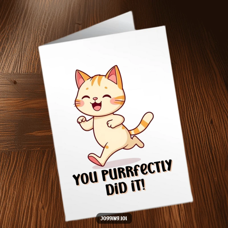 Funny Free Printable Congratulations Card: A happy cat jogging with a charming wobble, ideal for congratulatory messages.