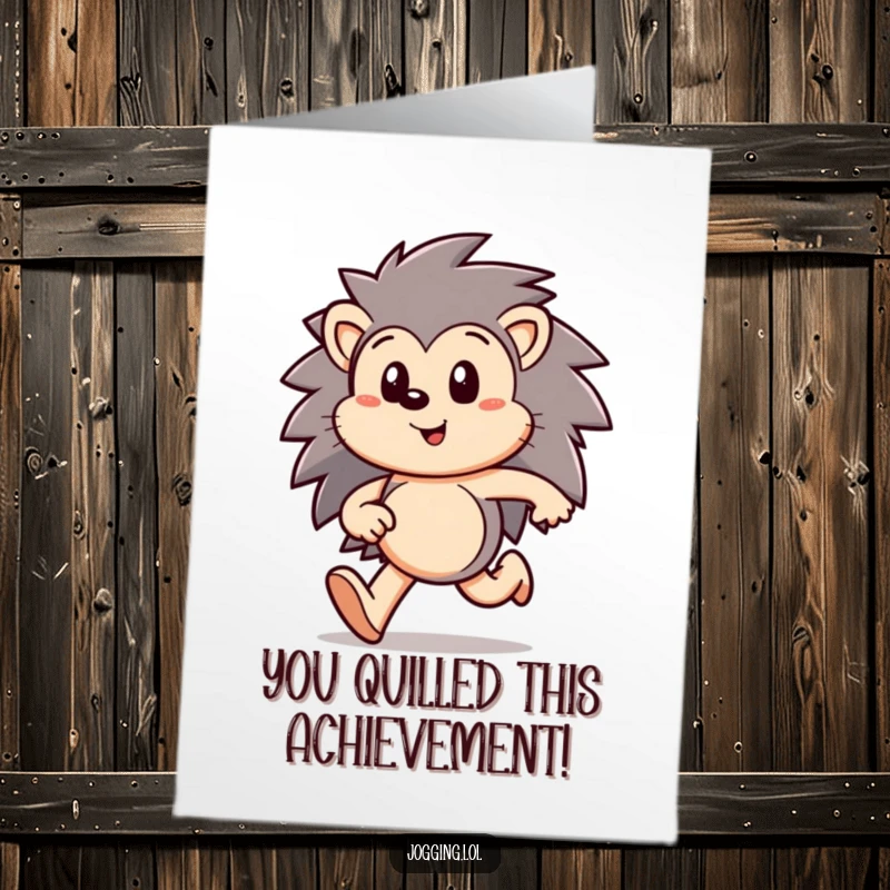 Funny Free Printable Congratulations Card: A happy hedgehog character running with a determined expression towards success.