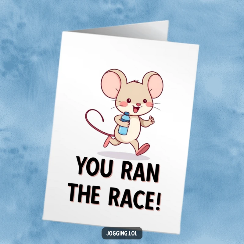 Funny Free Printable Congratulations Card: Cheerful mouse jogging victoriously with a tiny water bottle, celebrating success.