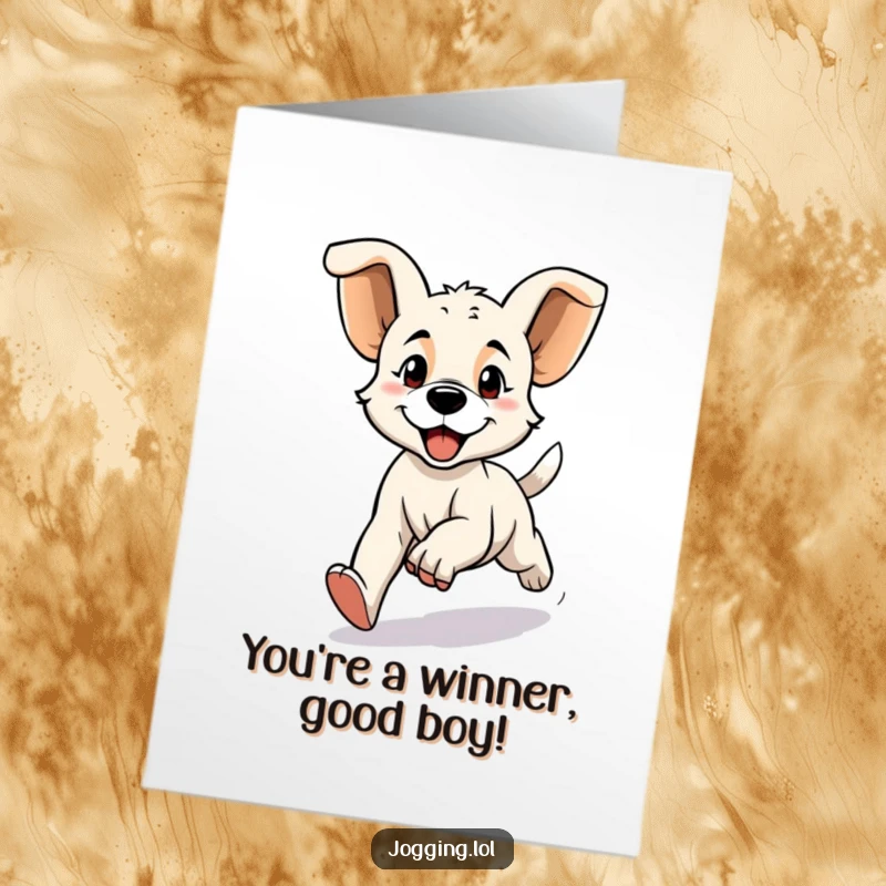 Funny Free Printable Congratulations Card: A determined puppy jogging with ears flapping, celebrating success with pure joy.
