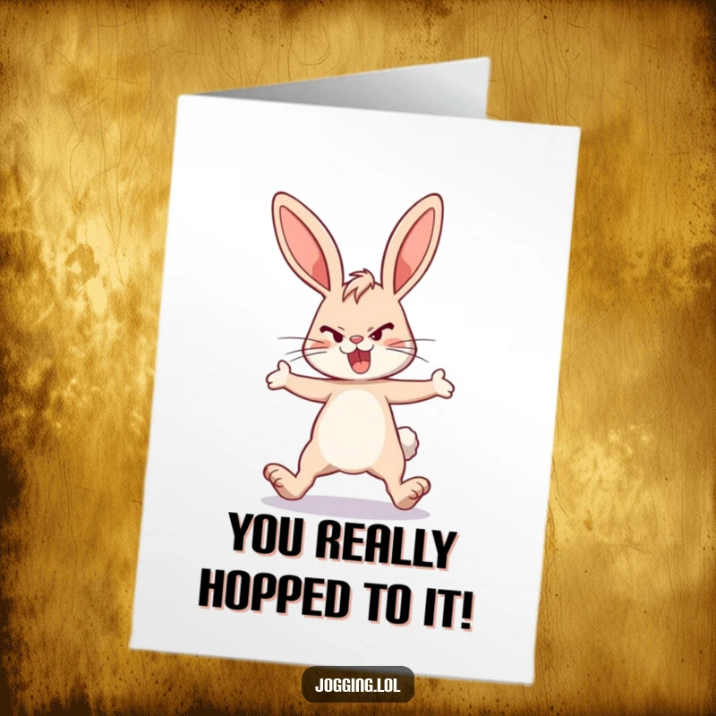 Funny Free Printable Congrats Card: Energetic bunny rabbit bounding forward, legs extended in a celebratory leap.