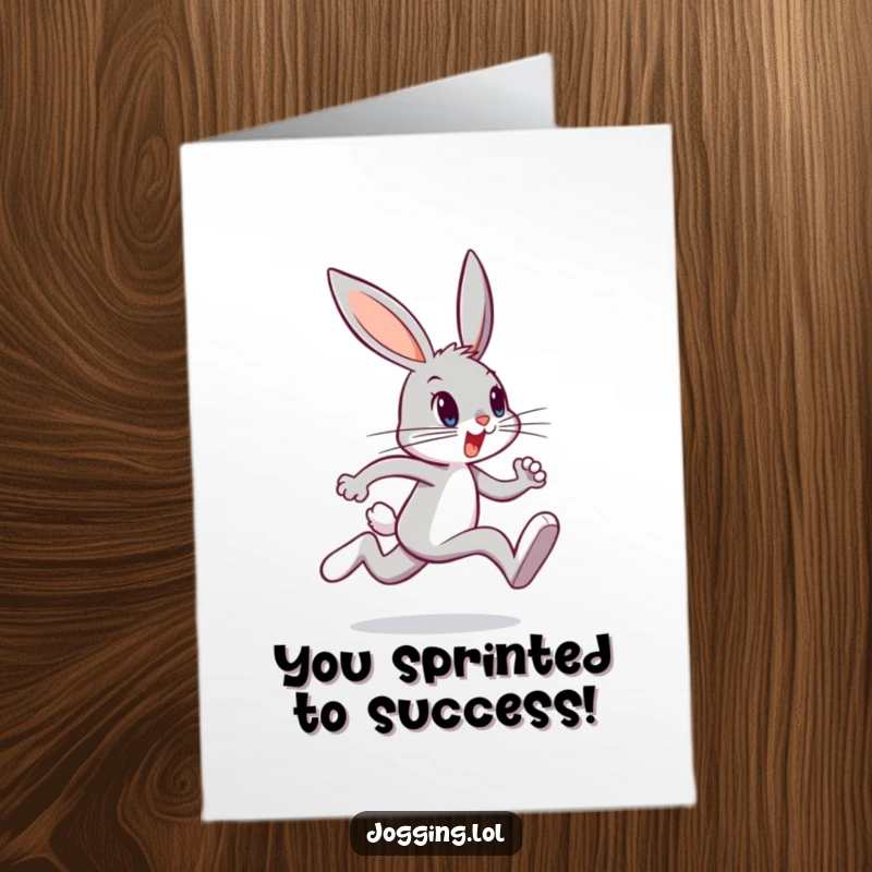 Funny Free Printable Congratulations Card: Cheerful bunny sprinting to celebrate your amazing achievement.