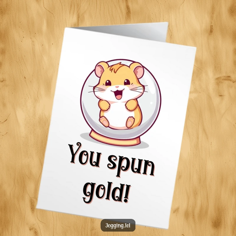 Funny Free Printable Congratulations Card with a hamster gleefully spinning in its ball, symbolizing energetic success.