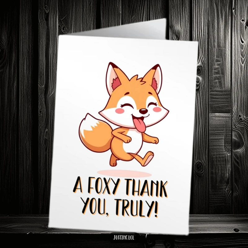 Funny Free Printable Thank You Card of a cheerful fox jogging with its tongue sticking out, conveying playful gratitude.