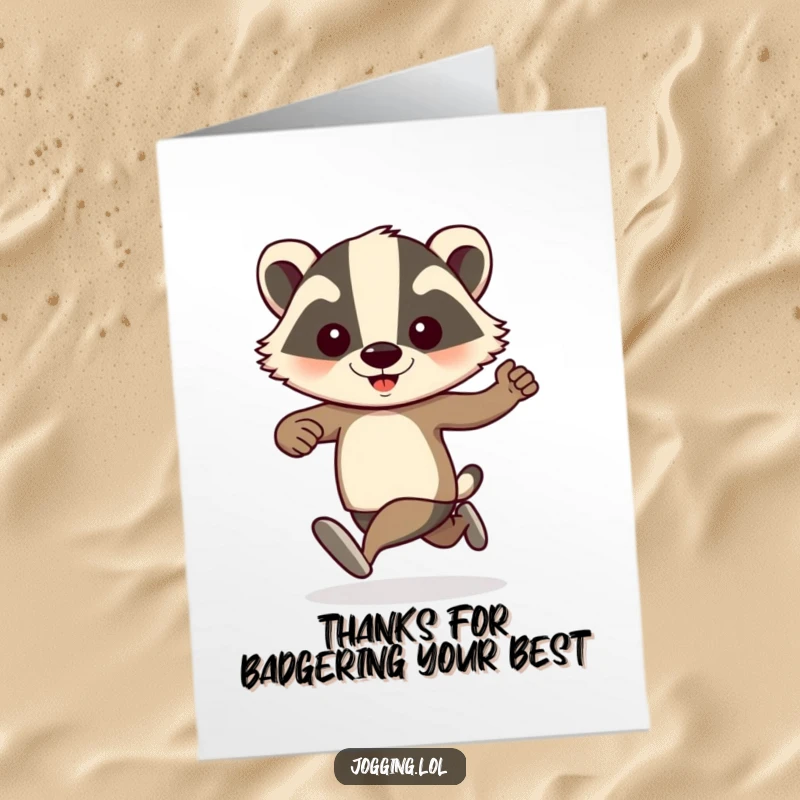 Funny Free Printable Badger Thank You Card featuring a playful badger jogger actively pumping their arms.