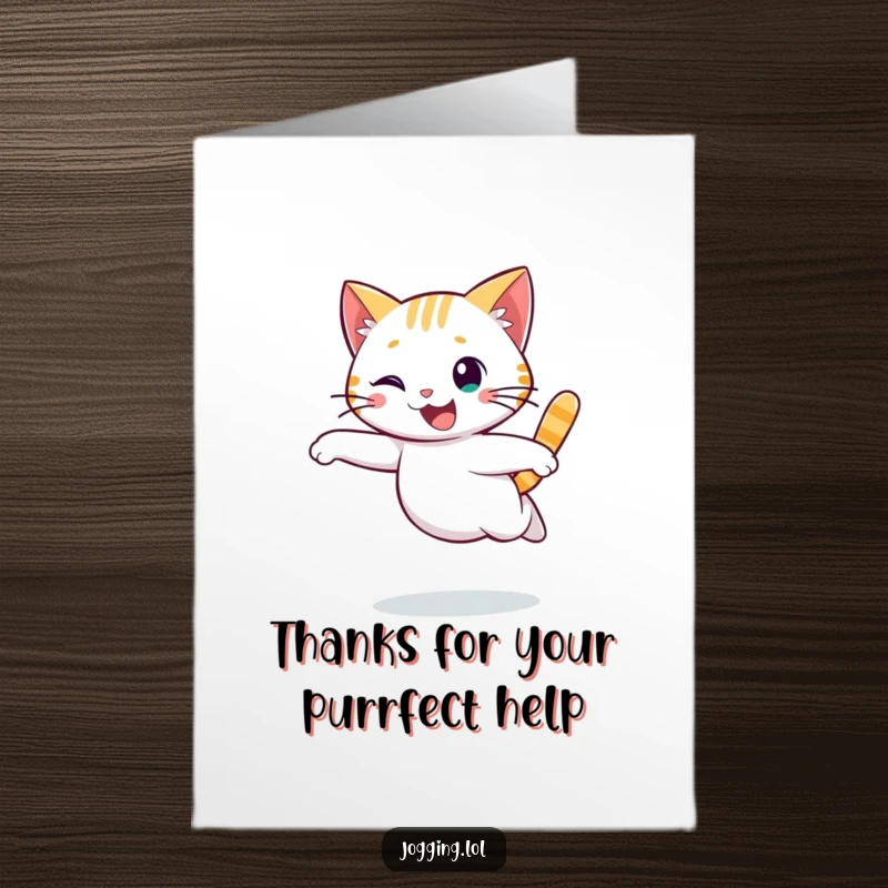 Funny Free Printable Thank You Card: A cheerful cat runs with graceful motion, conveying heartfelt thanks.