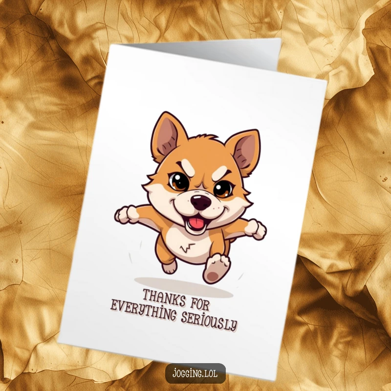 Funny Free Printable Thank You Card featuring a determined dog mid-run, expressing thanks with a comical, serious expression.