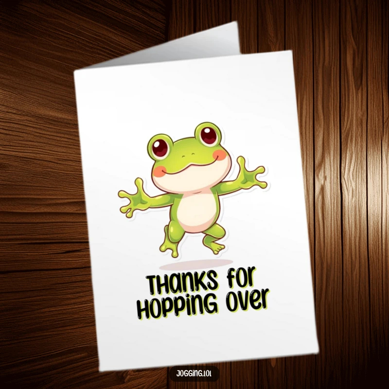Funny Free Printable Thank You Card featuring a playful frog hopping energetically, expressing thanks with a happy, enthusiastic leap.
