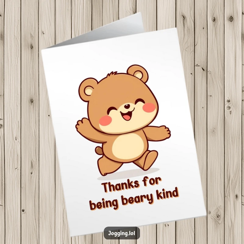 Funny Free Printable Thank You Card showing a curious bear jogger looking ahead gratefully, a sweet gift.