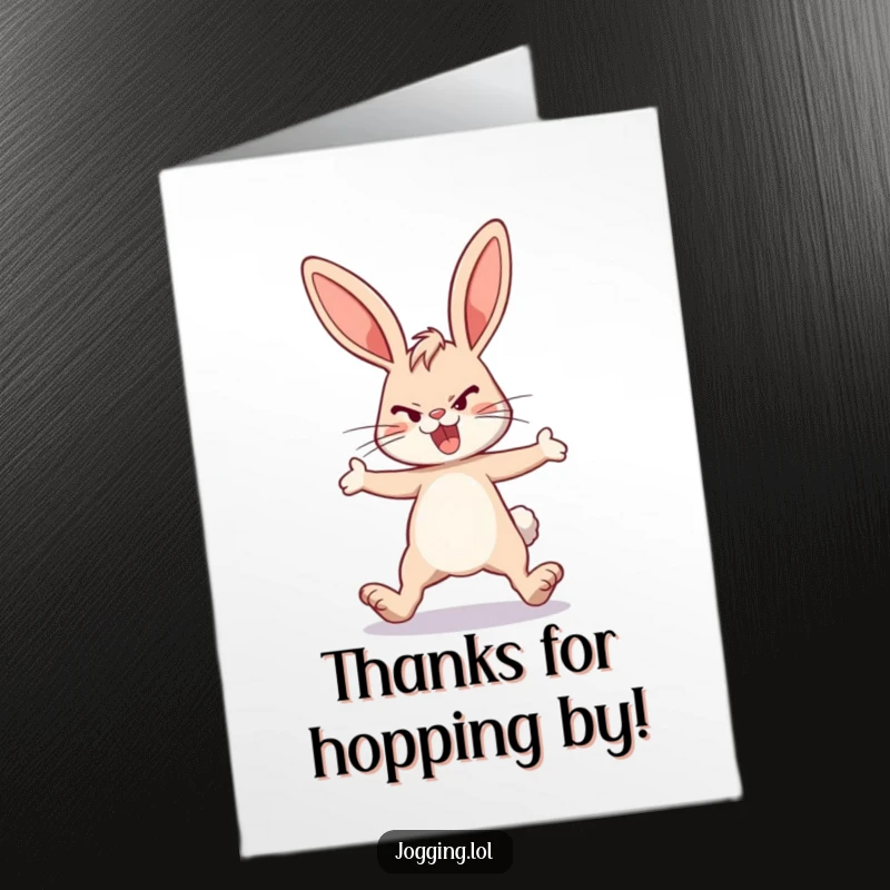 Funny Free Printable Thank You Card: A determined bunny rabbit mid-run, legs stretched, sending thanks your way.