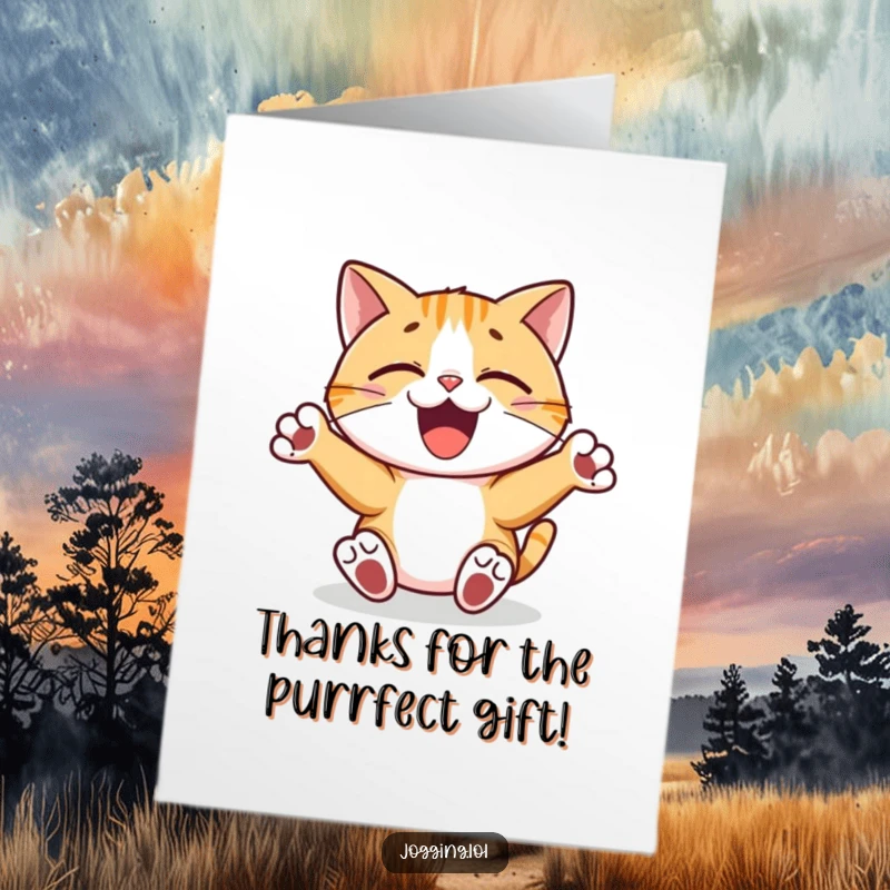 Funny Free Printable Thank You Card: Joyful cat character dancing rhythmically, conveying thanks with a happy sway.