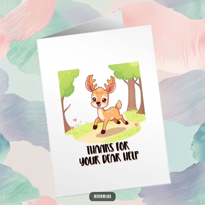Funny Free Printable Thank You Card: A smiling deer eagerly bounding along a path, conveying thanks joyfully.