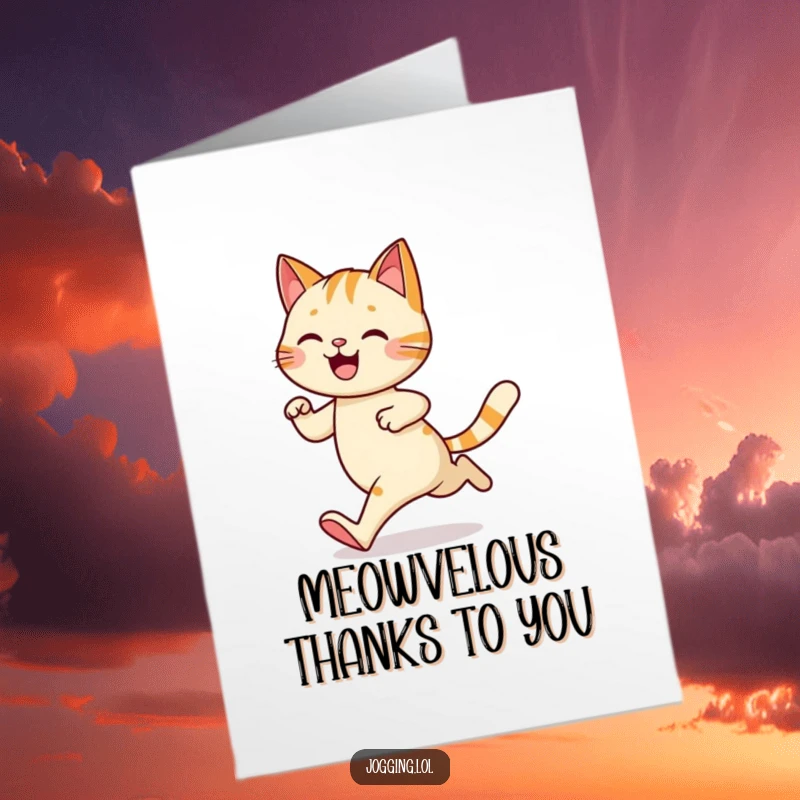Funny Free Printable Thank You Card: A happy cat jogging amusingly with a wobble, a delightful way to say thanks.