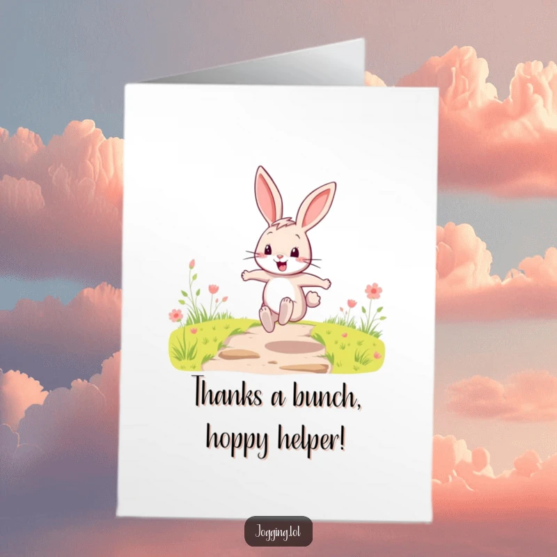 Funny Free Printable Thank You Card showcasing a happy cartoon rabbit leaping energetically on a path, conveying thanks.