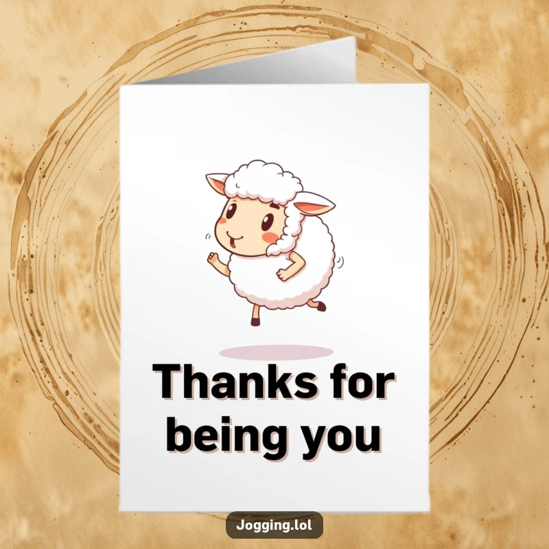Funny Free Printable Thank You Card: Fluffy sheep comically jogs with a happy expression, conveying thanks.
