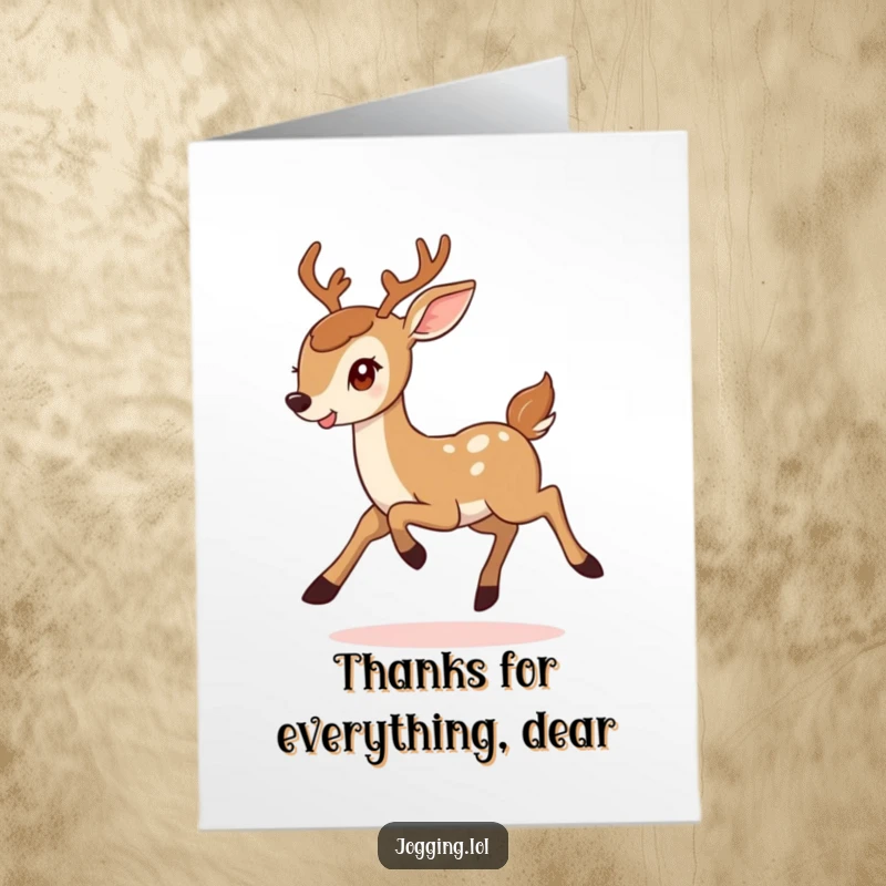 Funny Free Printable thank you card: A smiling deer bounds rhythmically, conveying thanks with a joyful, determined spirit.