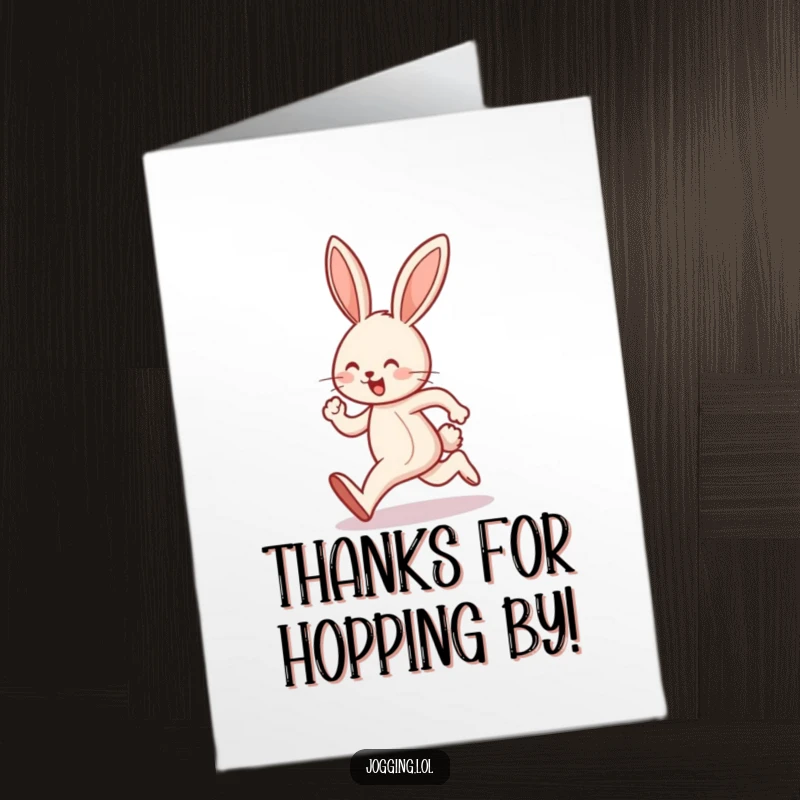 Funny Free Printable Thank You Card: Joyful bunny character hopping while jogging, showing appreciation with a smile.