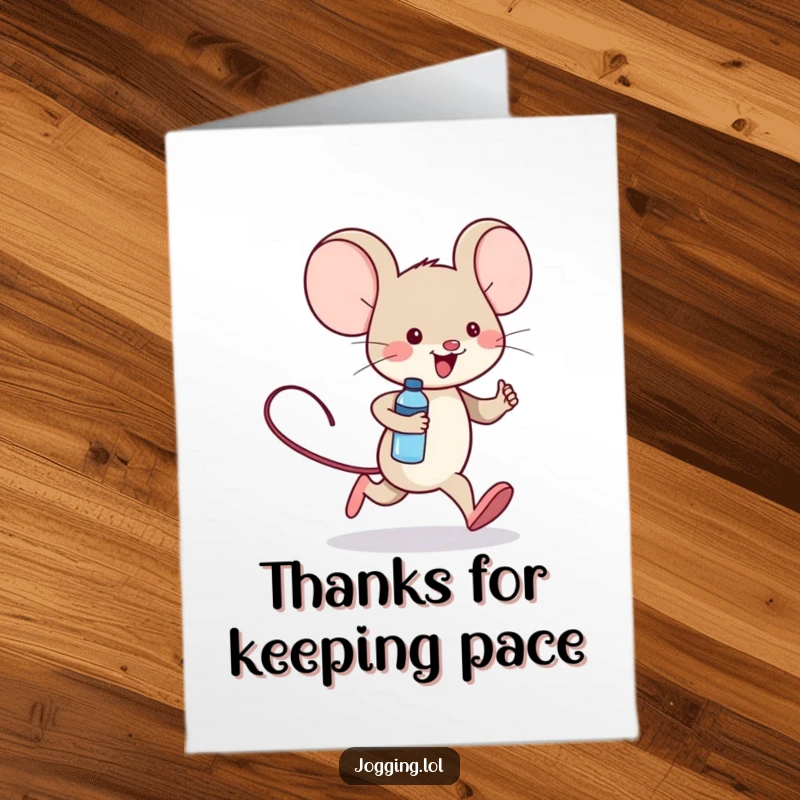 Funny Free Printable Thank You Card: Cheerful mouse jogging with a water bottle, expressing thanks with humor.
