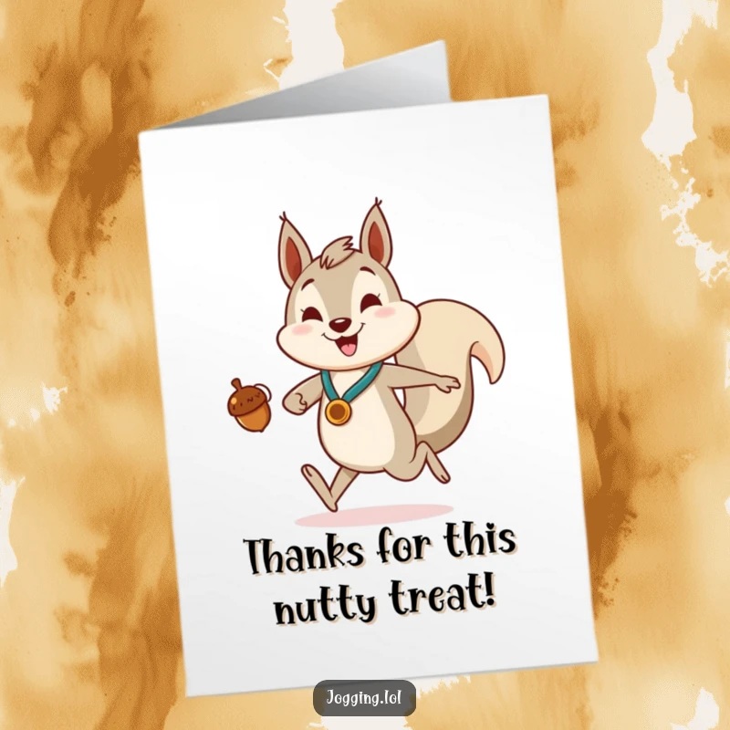 Funny Free Printable Thank You Card featuring a smiling squirrel jogging enthusiastically, carrying its acorn prize like a badge of thanks.