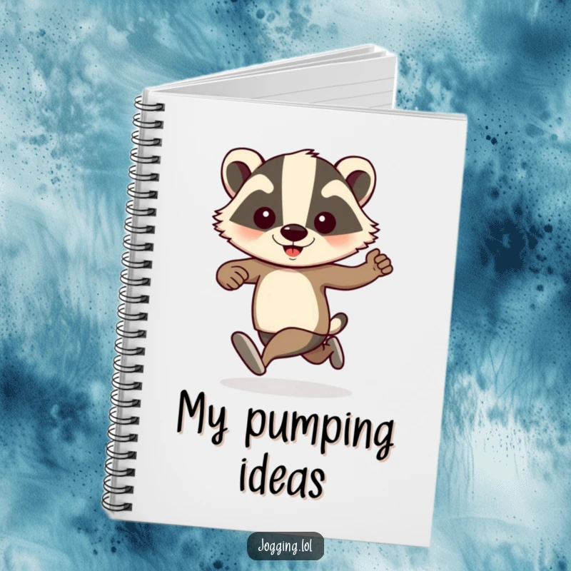 Funny badger jogger with pumping arms on a notebook cover, inspiring energetic ideas and humorous planning for students and professionals.