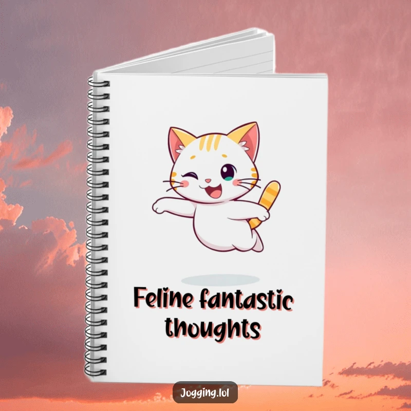 Funny cat notebook featuring a cheerful character in a graceful, flowing run, perfect for jotting down inspired thoughts and humorous ideas.