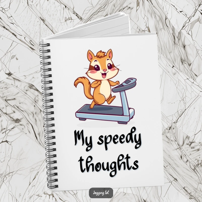 Funny chipmunk runner illustration on a notebook cover, depicting high-speed treadmill activity for humorous note-taking and creative idea generation.