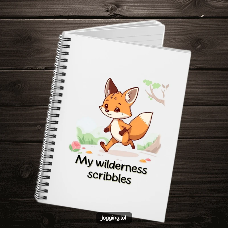Funny notebook featuring a curious fox character jogging through a scenic landscape, designed for note-taking with a humorous, artistic flair.