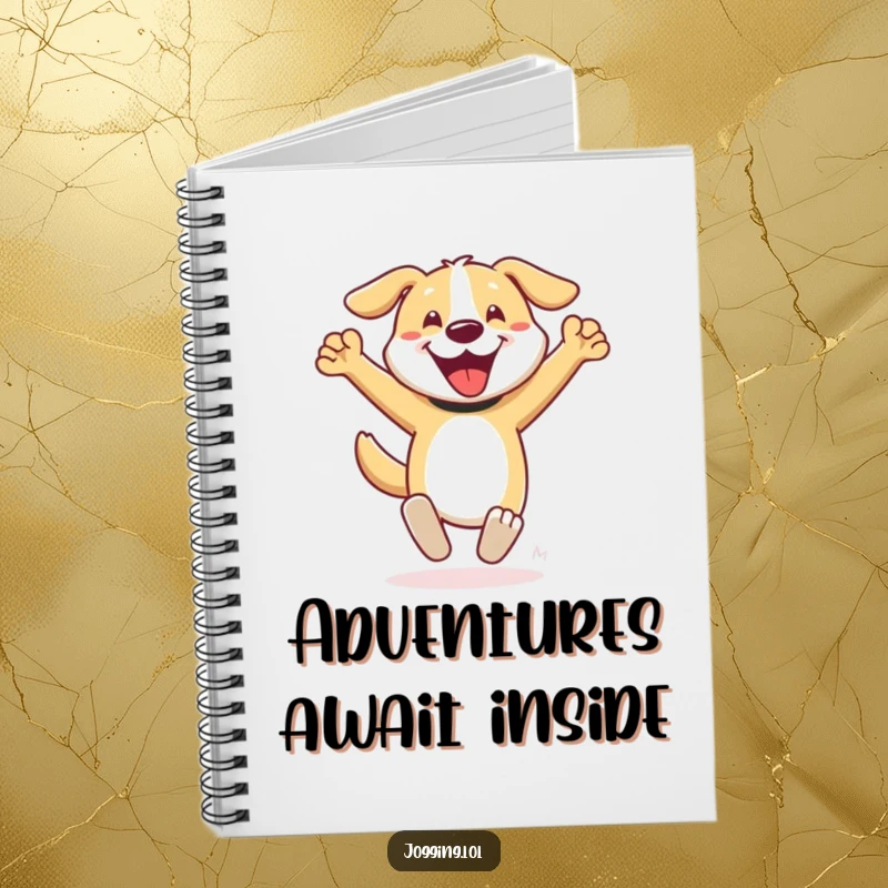Funny dog notebook featuring a happy character sprinting with pumping arms, designed for jotting down notes with energetic flair, a fun present.