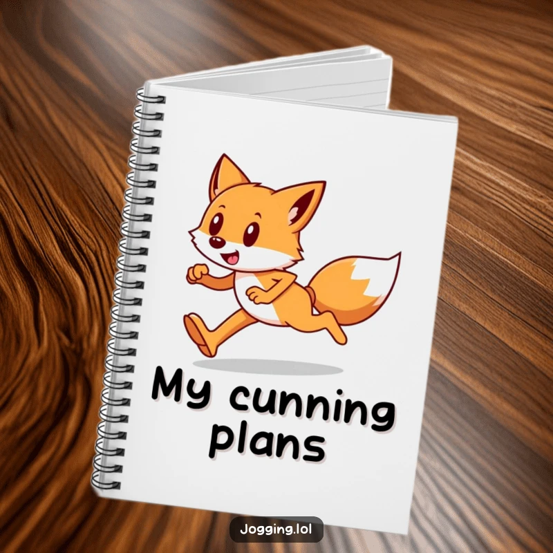 Funny notebook cover featuring a happy fox runner with determined strides, inspiring strategic thinking and note-taking.