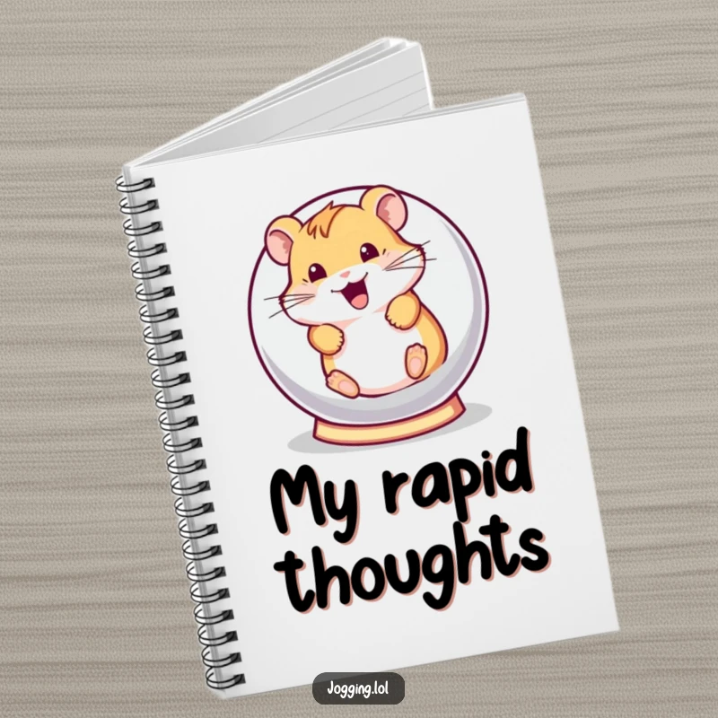 Funny notebook with a playful hamster character rolling in a hamster ball, perfect for writing, journaling, and doodling with a cheerful theme.