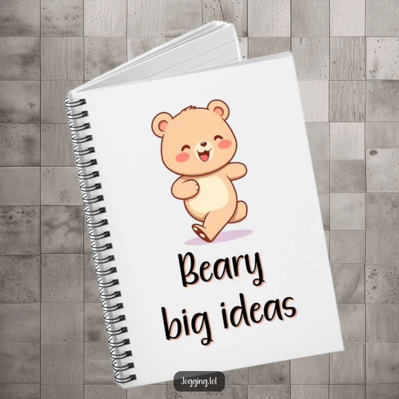 Funny notebook with a cheerful bear character jogging with small, bobbing steps, ideal for jotting down funny thoughts.